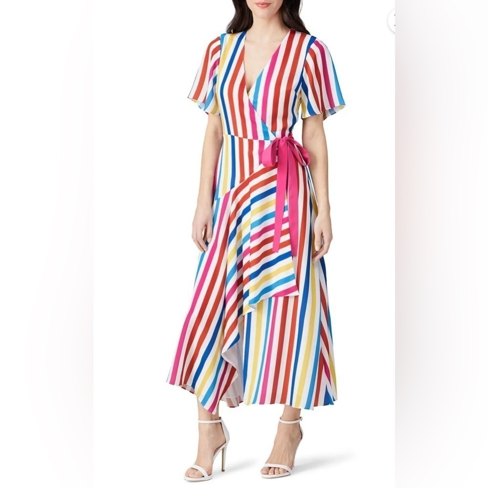 Color Me Courtney Taira Wrap Dress Maxi Rainbow Vertical Stripes women’s Sz Sml